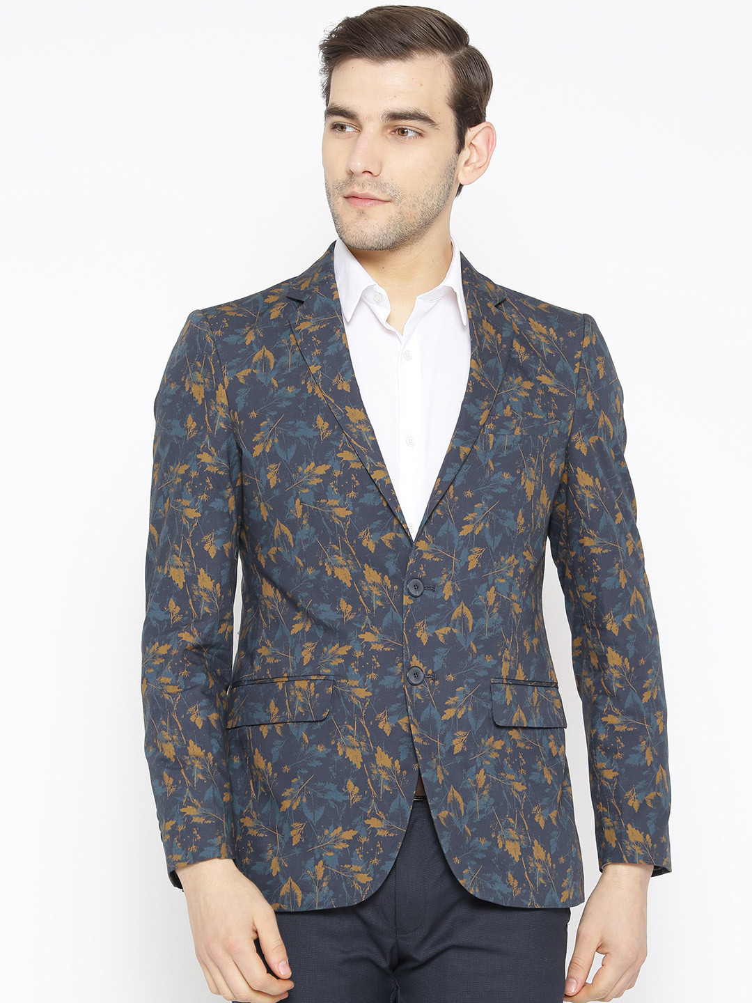 Buy Raymond Men Navy Blue & Mustard Brown Slim Fit Printed Single