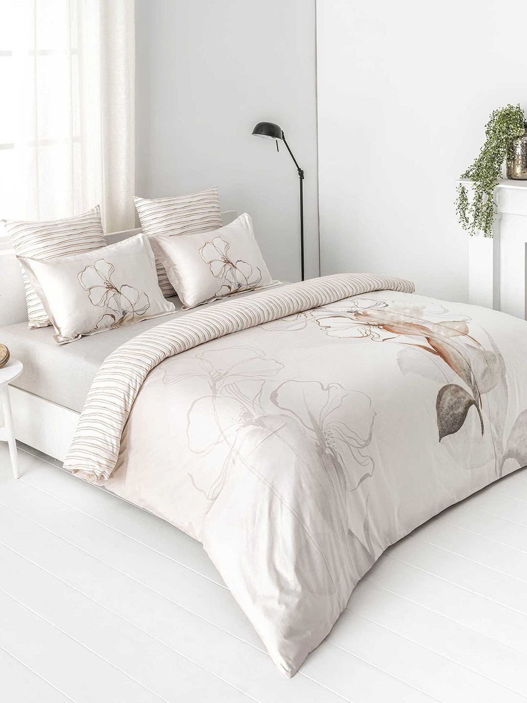 Buy DDecor Cream Coloured Floral Flat 210 TC Cotton 1 King Bedsheet