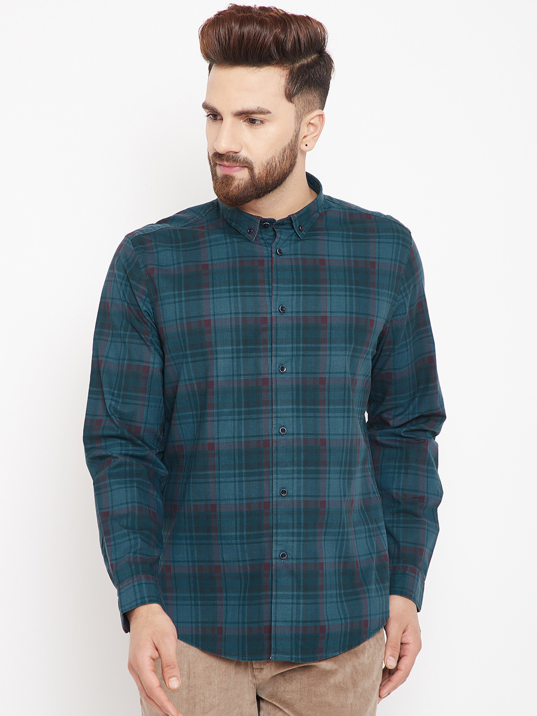 Buy Blackberrys Men Teal Green & Burgundy Slim Fit Checked Casual Shirt - Shirts for Men 8030451 