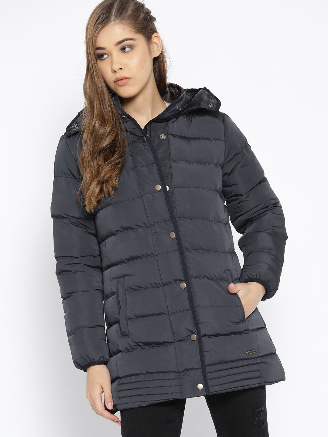 Buy Roadster Women Navy Blue Solid Hooded Puffer Jacket