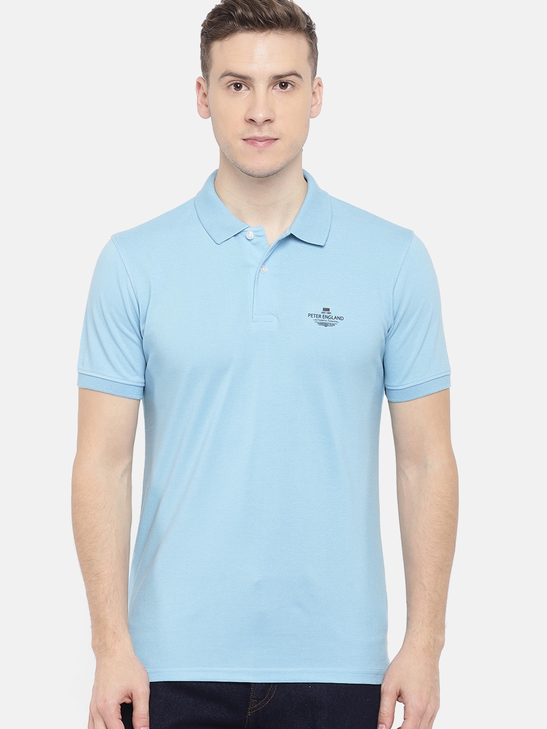 Buy Peter England Men Blue Solid Polo Collar T Shirt - Tshirts for Men ...