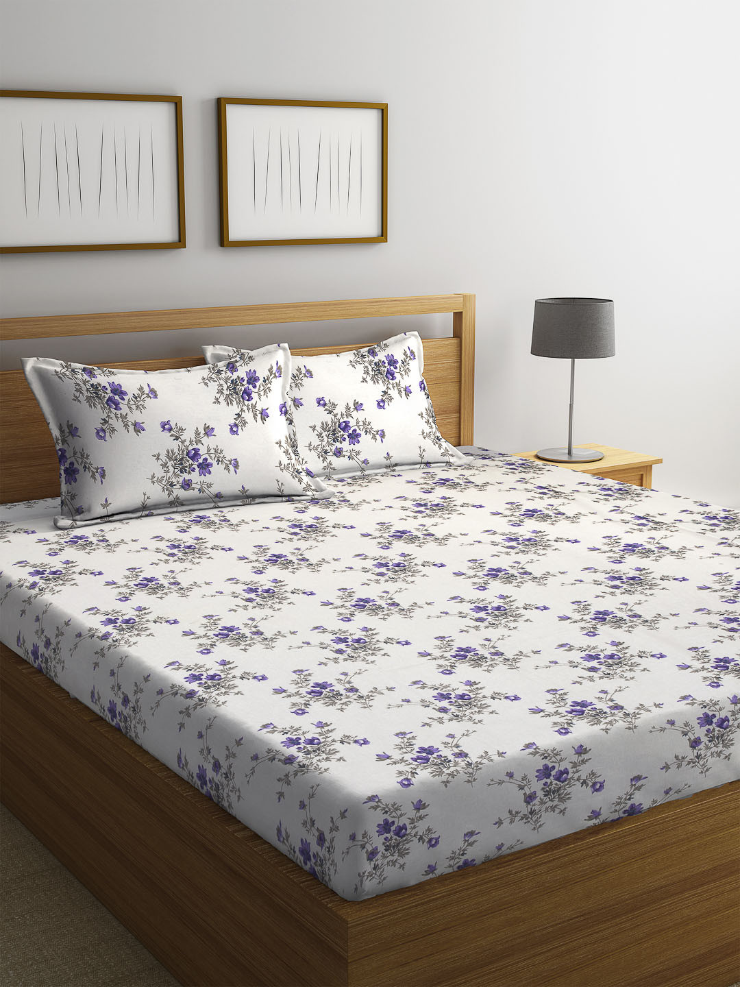 Buy Cortina White & Purple Floral 120 TC Cotton 1 Queen Bedsheet With 2