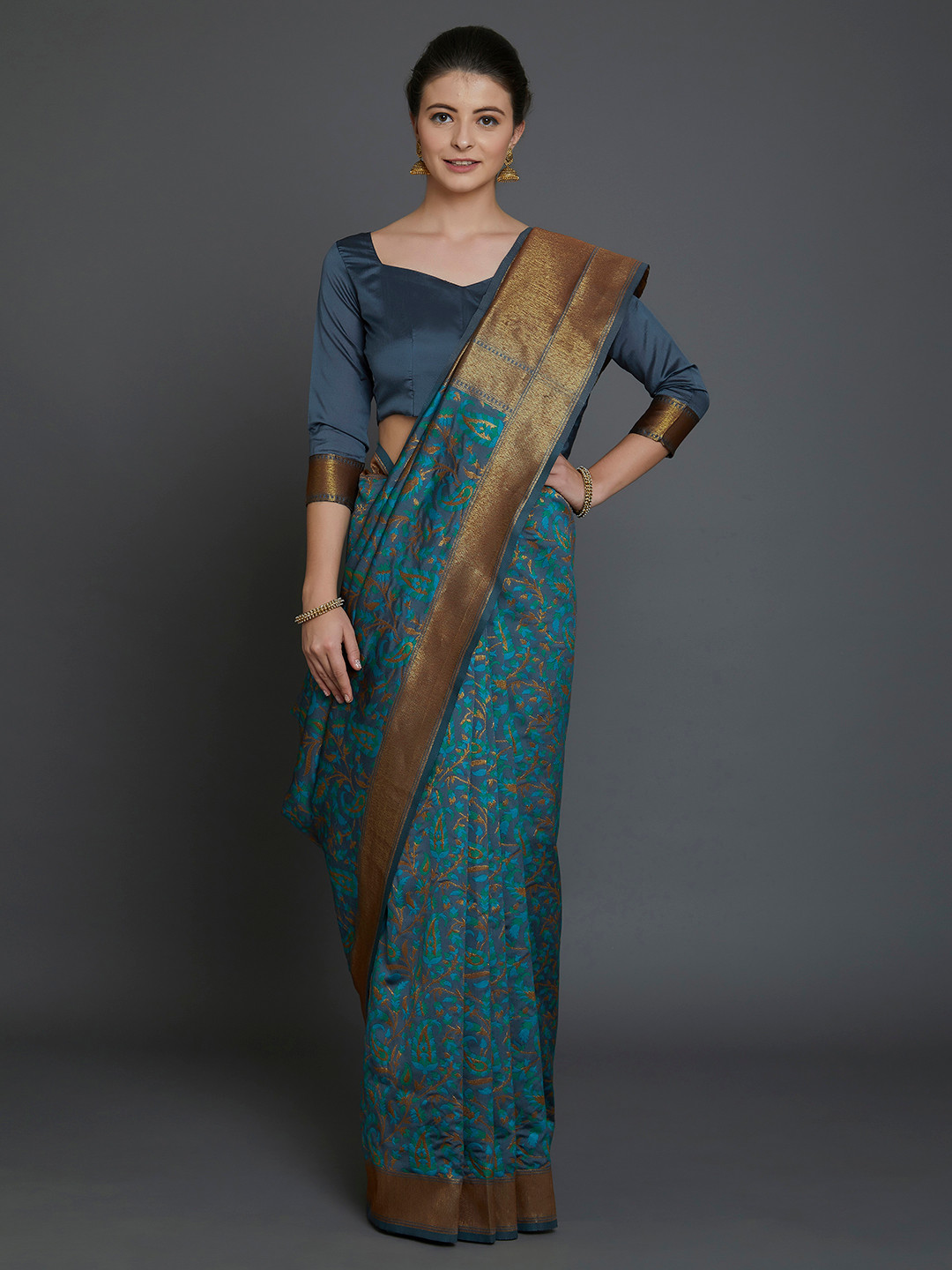 Buy Mitera Grey & Teal Silk Blend Printed Banarasi Saree Sarees for