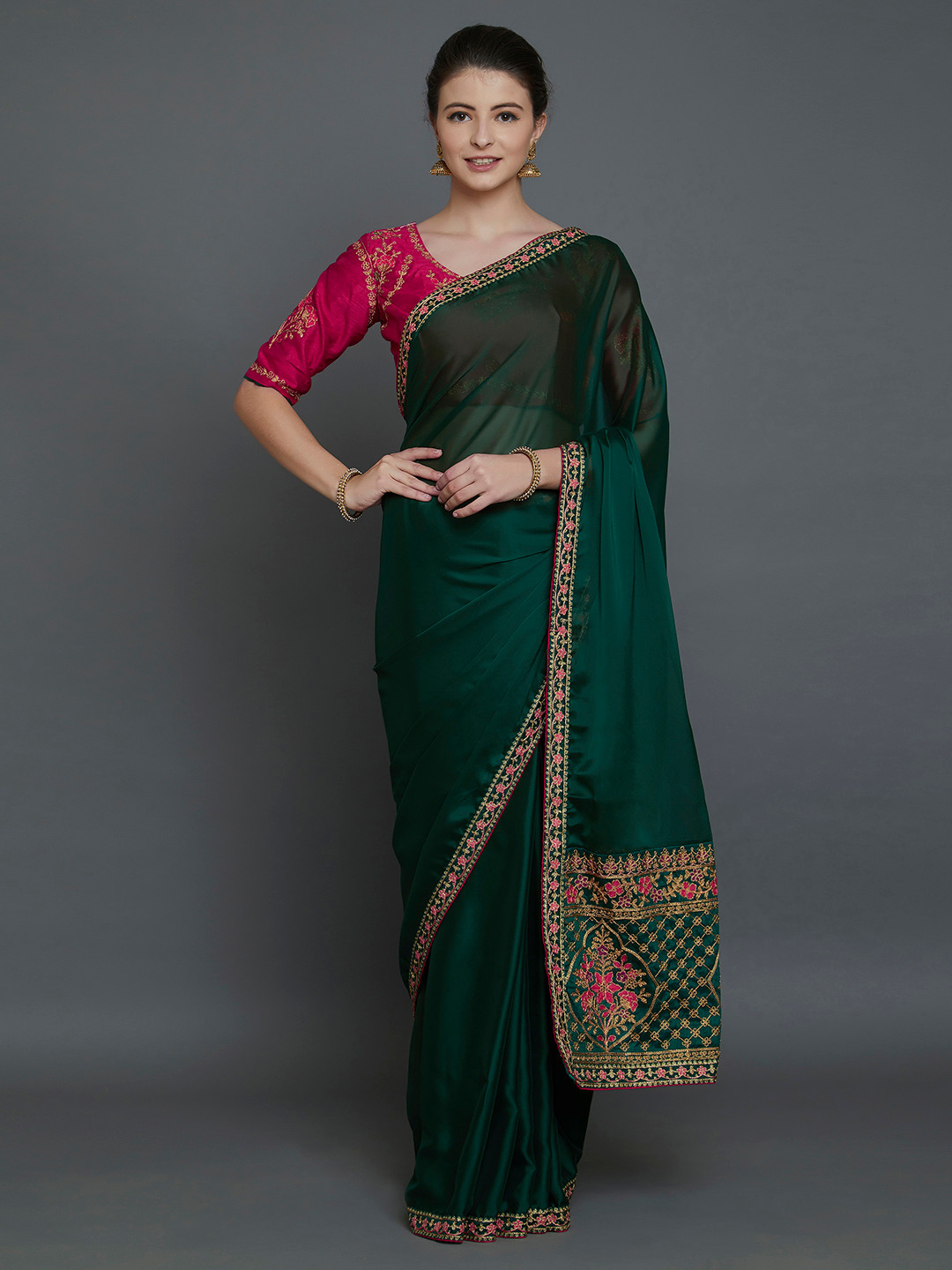 Buy Mitera Green Silk Blend Solid Banarasi Saree Sarees for Women 8069731 Myntra