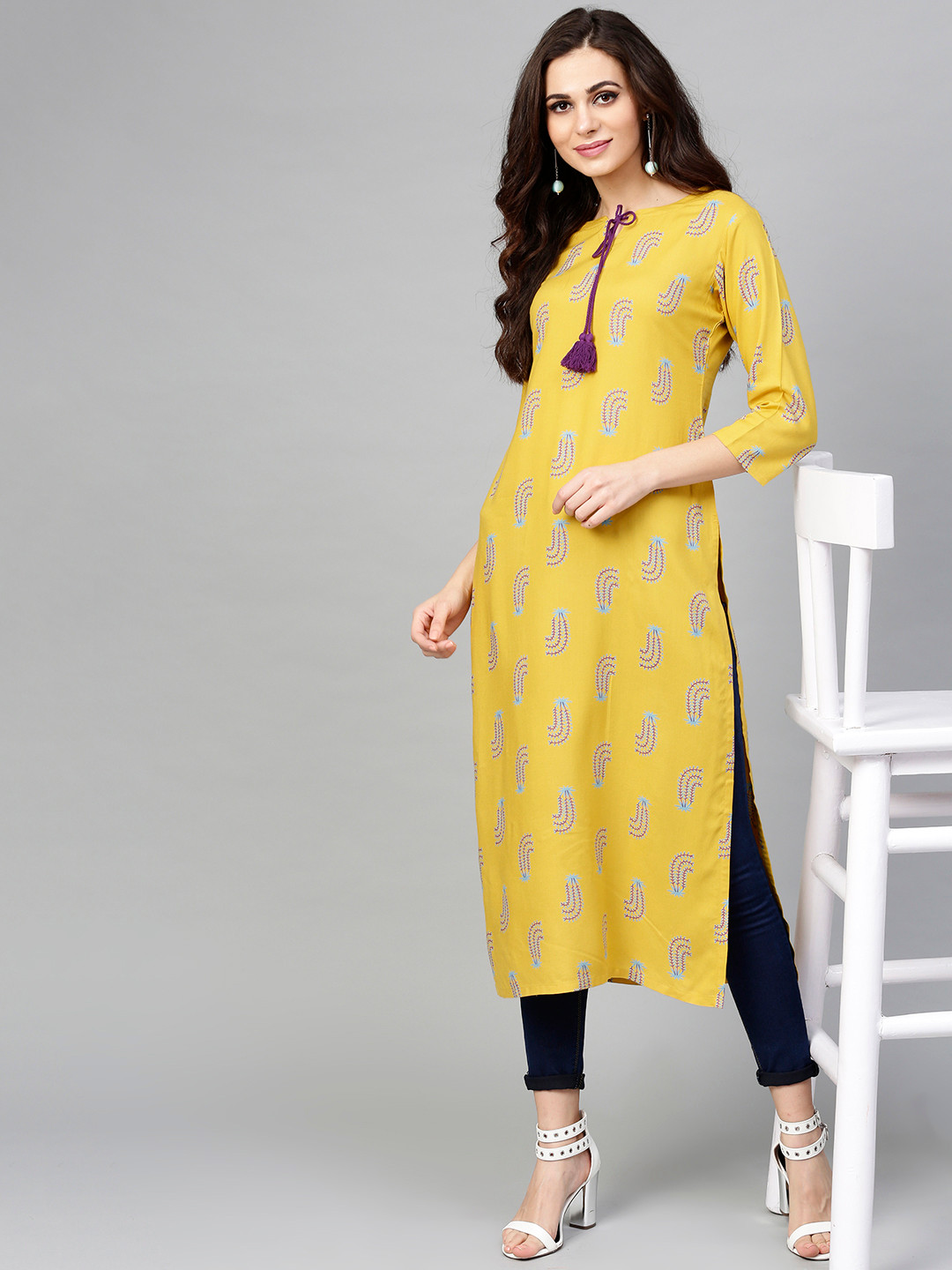 Buy Libas Women Mustard Yellow Printed Straight Kurta Kurtas for