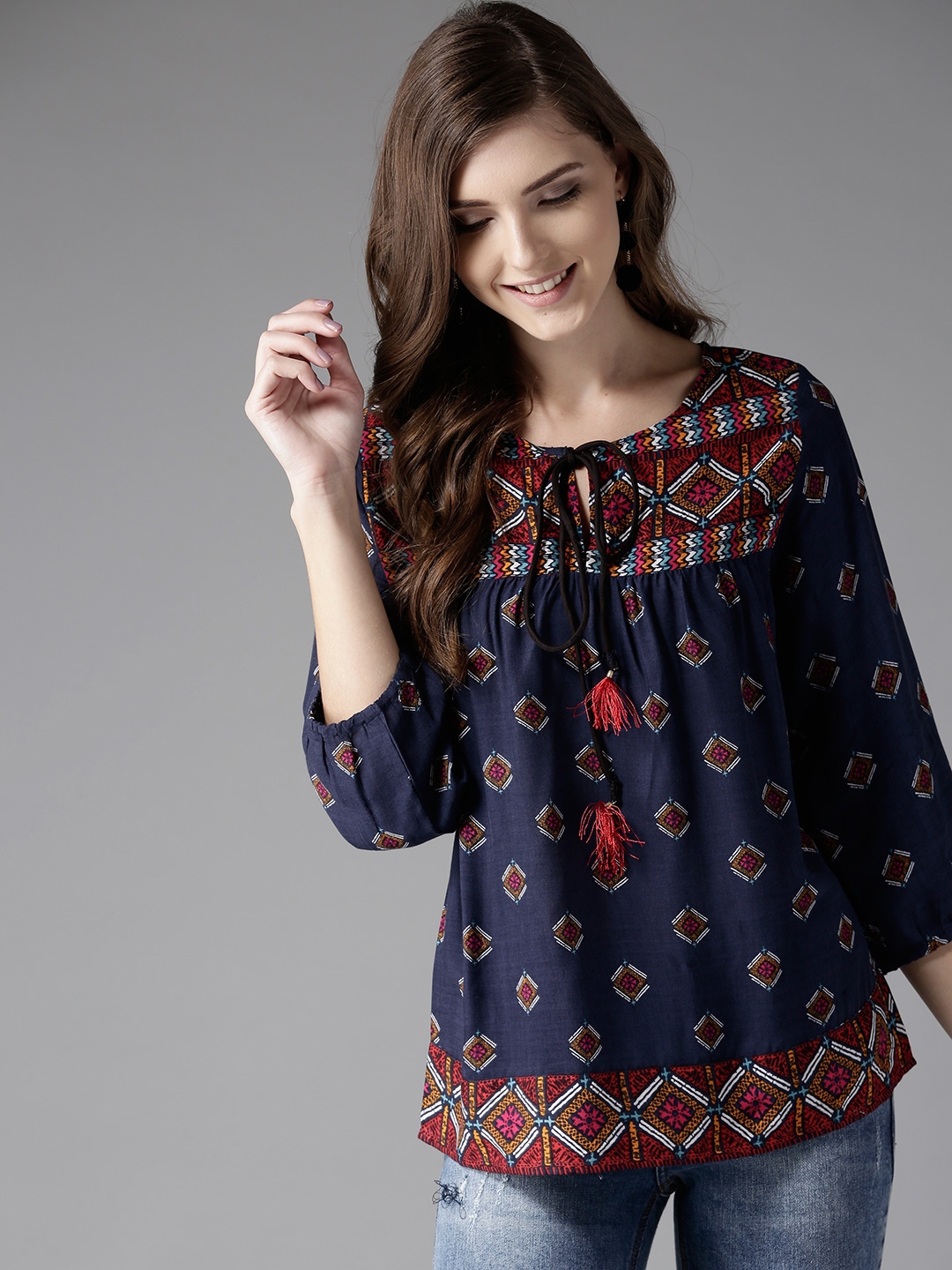 Buy HERE&NOW Navy Blue & Red Ethnic Motifs Pleated A Line Top - Tops ...