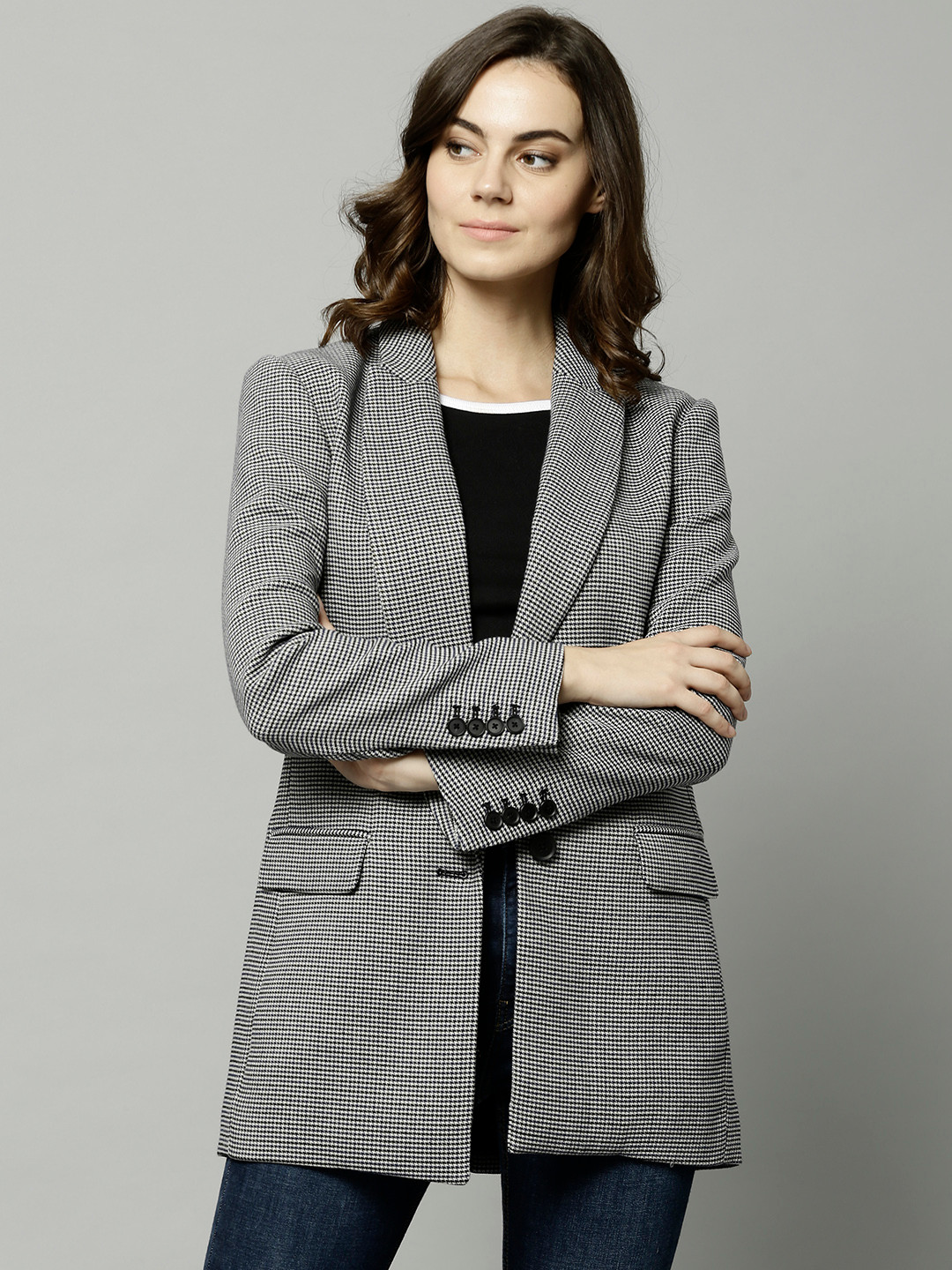 Buy Marks & Spencer Women White & Black Checked Single Breasted Blazer