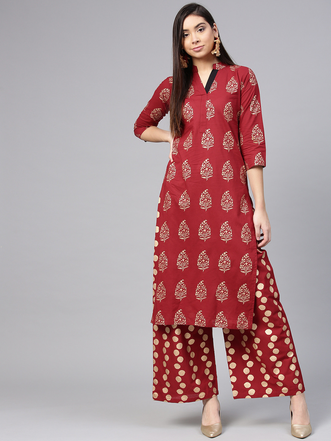 Maroon & Cream Gold Printed Kurta Set With Pants