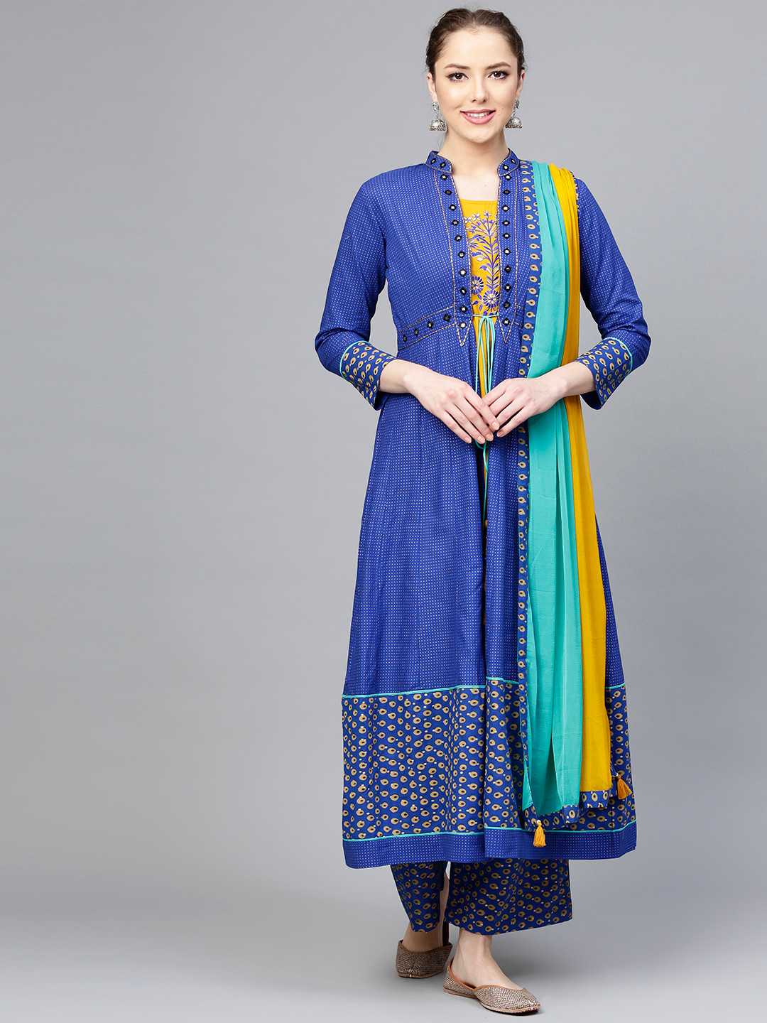 Buy Rain & Rainbow Women Blue & Mustard Yellow Printed Kurta With ...