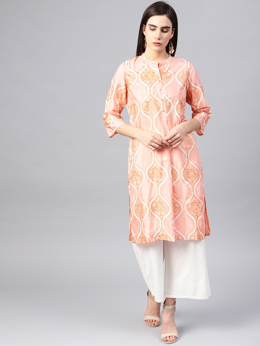 Peach Multi Colored Floral Printed Straight Kurta With Round Neck & 3/4 Sleeves