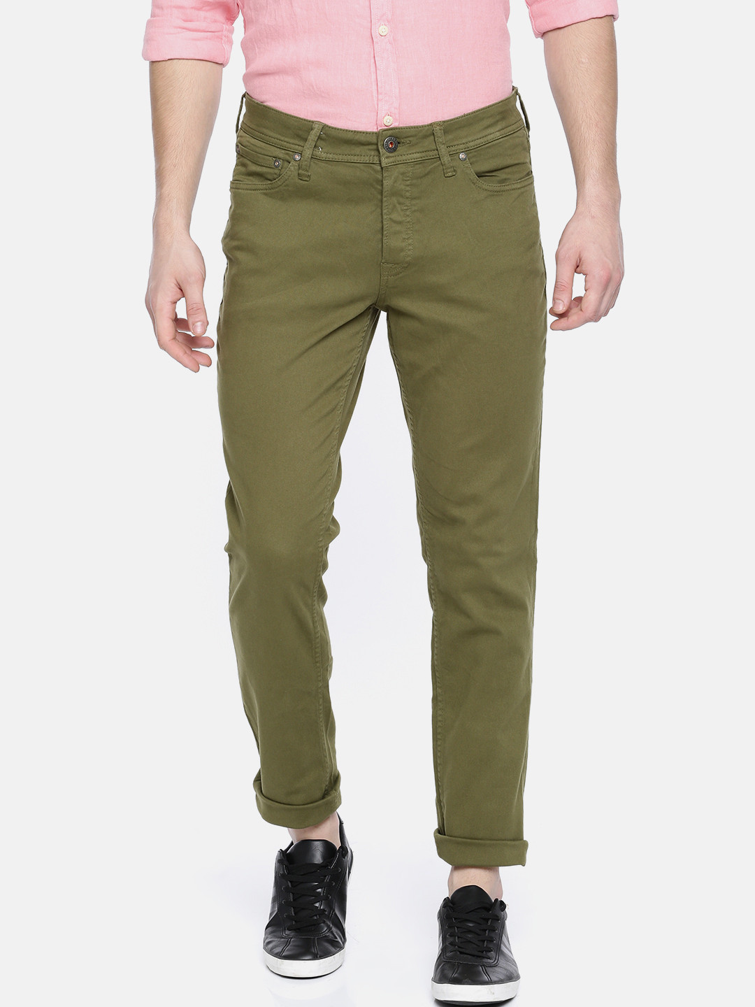 Buy Jack & Jones Men Olive Green Slim Fit Solid Chinos - Trousers for ...