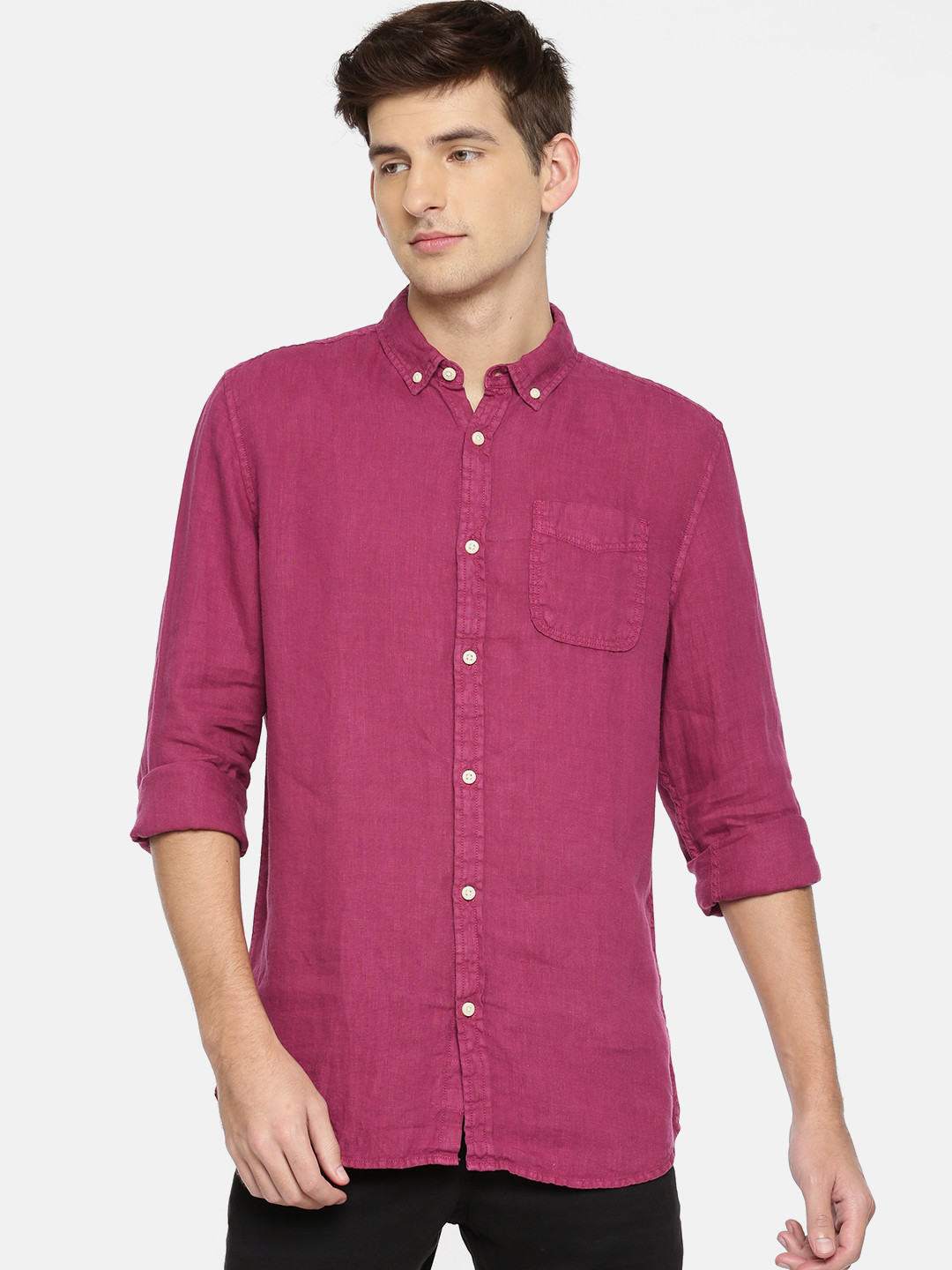 Buy Jack & Jones Men Magenta Slim Fit Solid Linen Casual Shirt Shirts