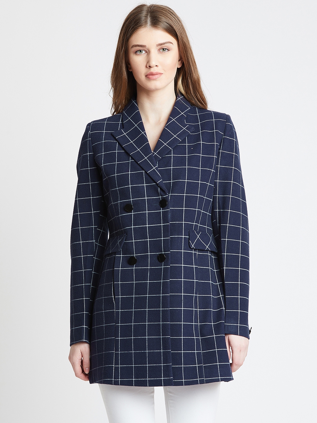 Buy Okane Women Navy Blue Checked Double Breasted Overcoat - Coats for ...