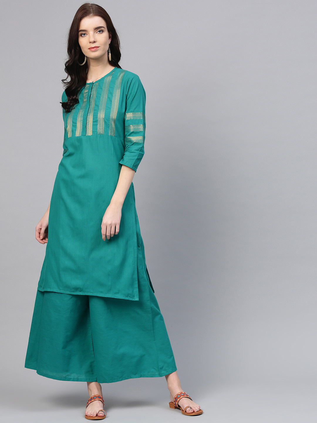 Women'S Blue & Red Yoke Design Chambray Kurta With Palazzos