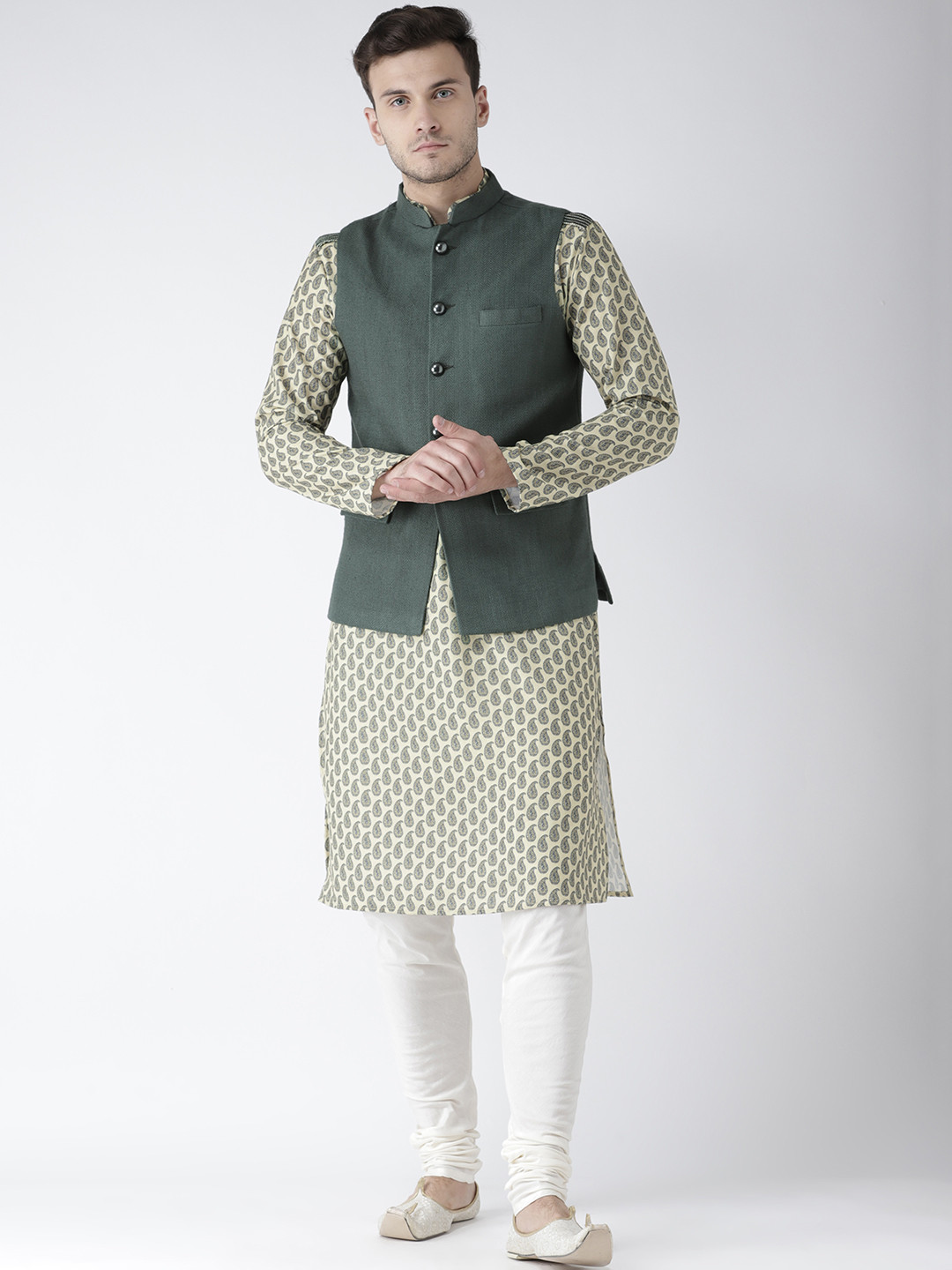 Green Kurta With Nehru Jacket Buy KISAH Men Green & Cream Coloured Solid Churidar Kurta With Nehru
