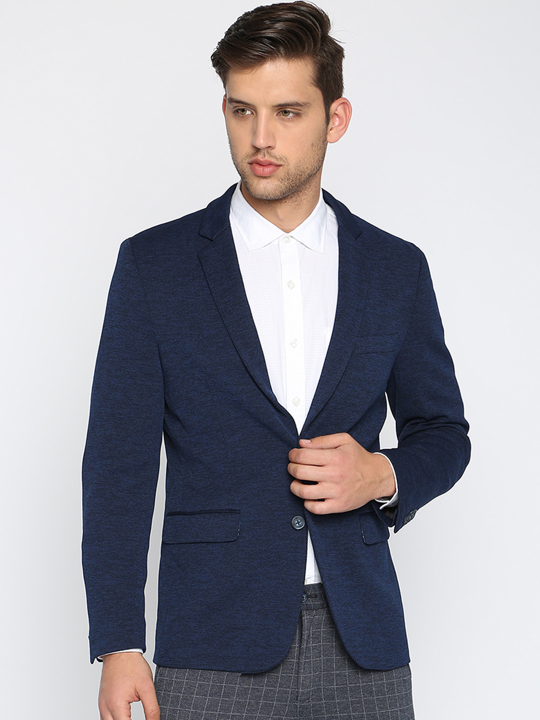 Buy Basics Men Navy Blue Single Breasted Pure Cotton Blazer Blazers