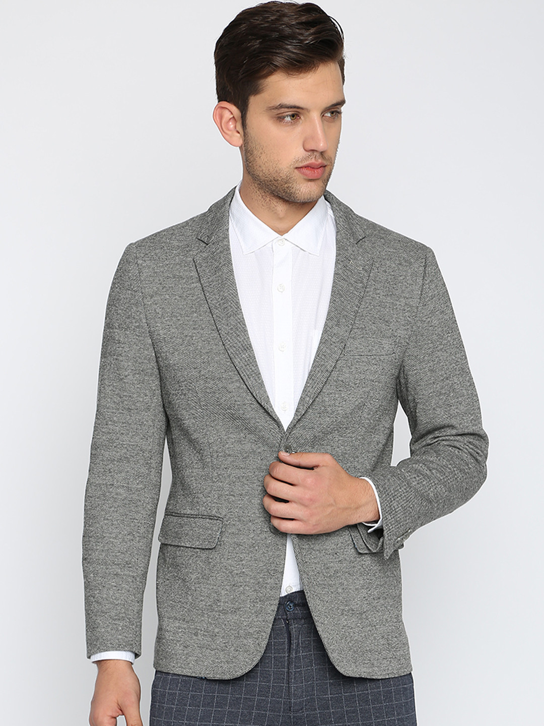 Buy Basics Men Grey Single Breasted Pure Cotton Blazer Blazers for