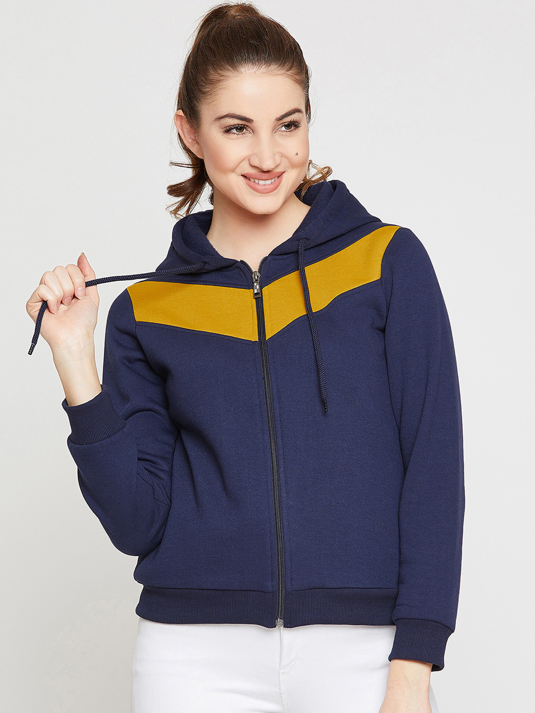 Buy RARE Women Navy Blue & Yellow Colourblocked Hooded Sweatshirt