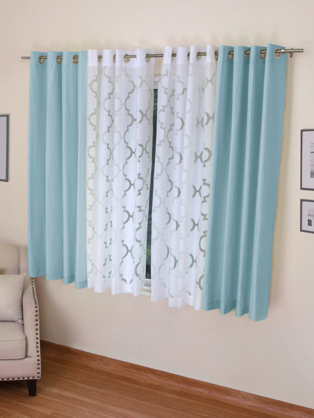 Buy ROSARA HOME Turquoise Blue & White Set Of 4 Window Curtains Curtains And Sheers for Unisex