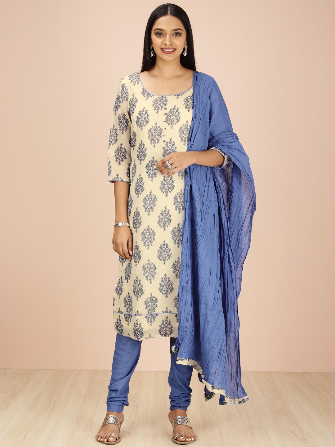 All About You Kurta Set Buy All About You Women Beige & Blue Printed Kurta With Churidar