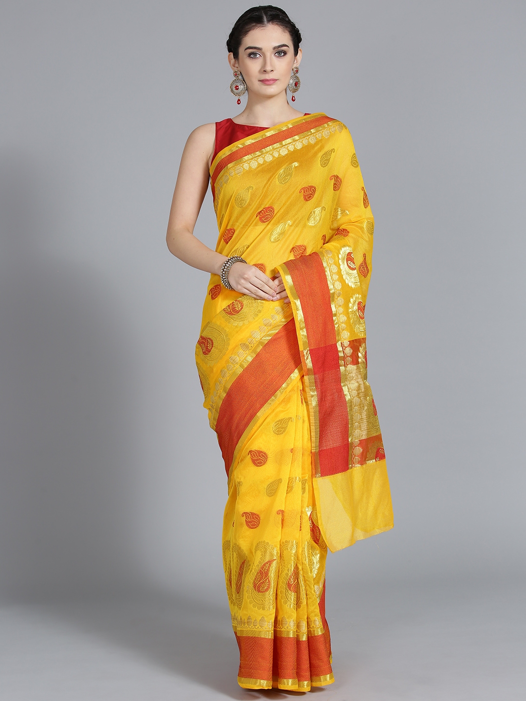 Buy Chhabra 555 Yellow & Red Woven Design Chanderi Saree ...