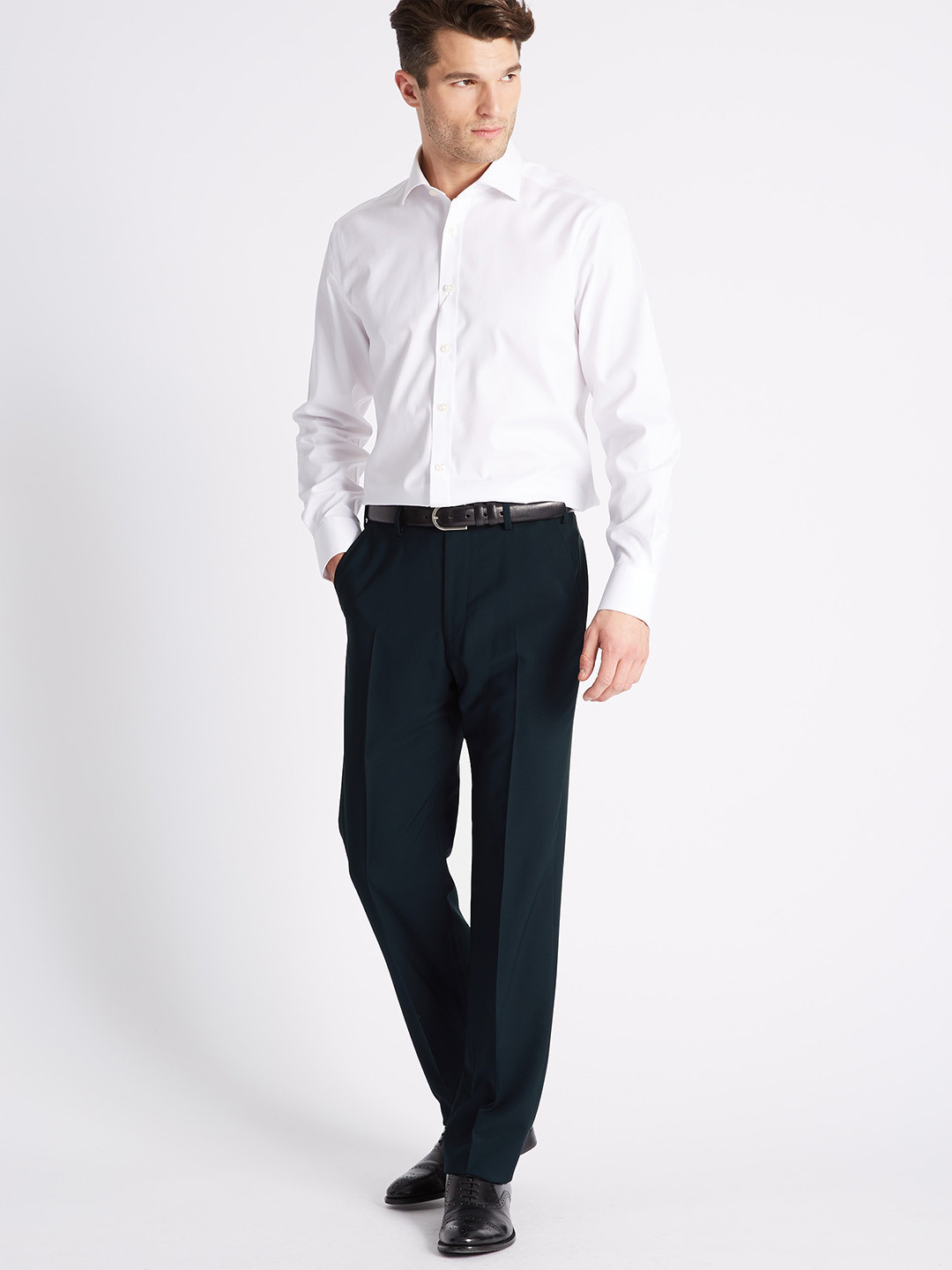 Buy Marks & Spencer Men Navy Blue Regular Fit Solid Formal Trousers ...