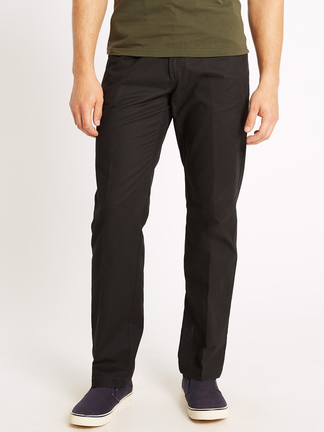 Buy Marks & Spencer Men Black Regular Fit Solid Regular Trousers