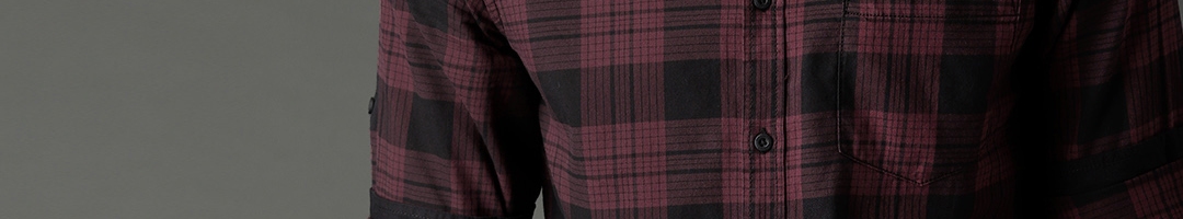 Buy Roadster Men Burgundy & Black Checked Pure Cotton Sustainable ...