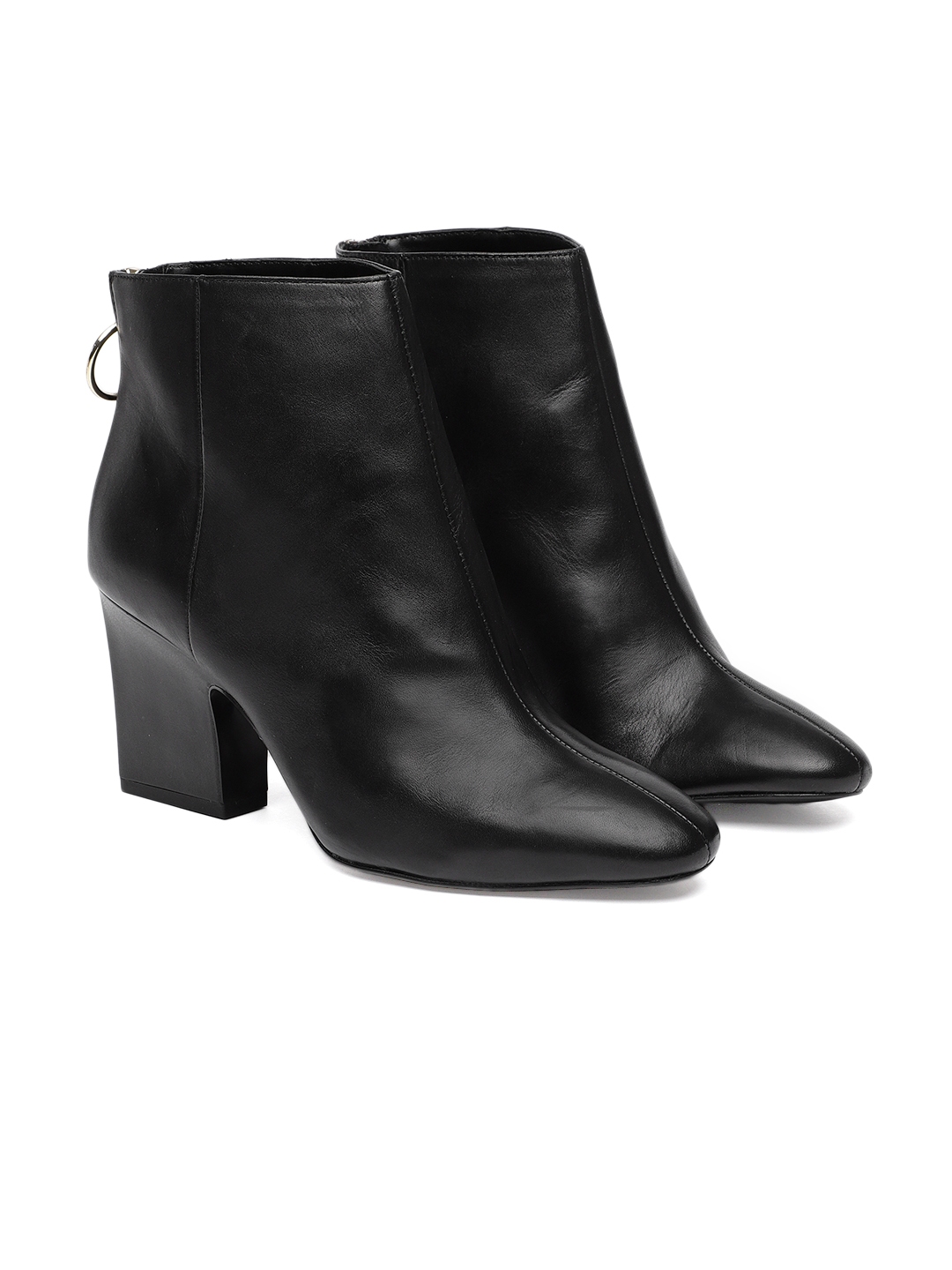 Buy MANGO Women Black Solid Mid Top Leather Heeled Boots - Boots for ...