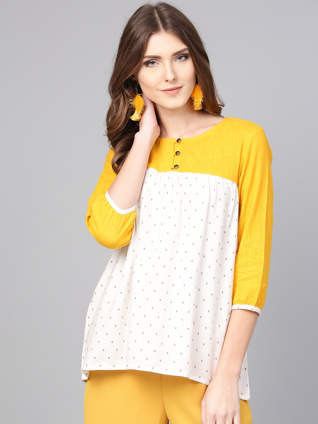 Buy Jaipur Kurti Women White & Mustard Yellow Self Design A Line Top ...