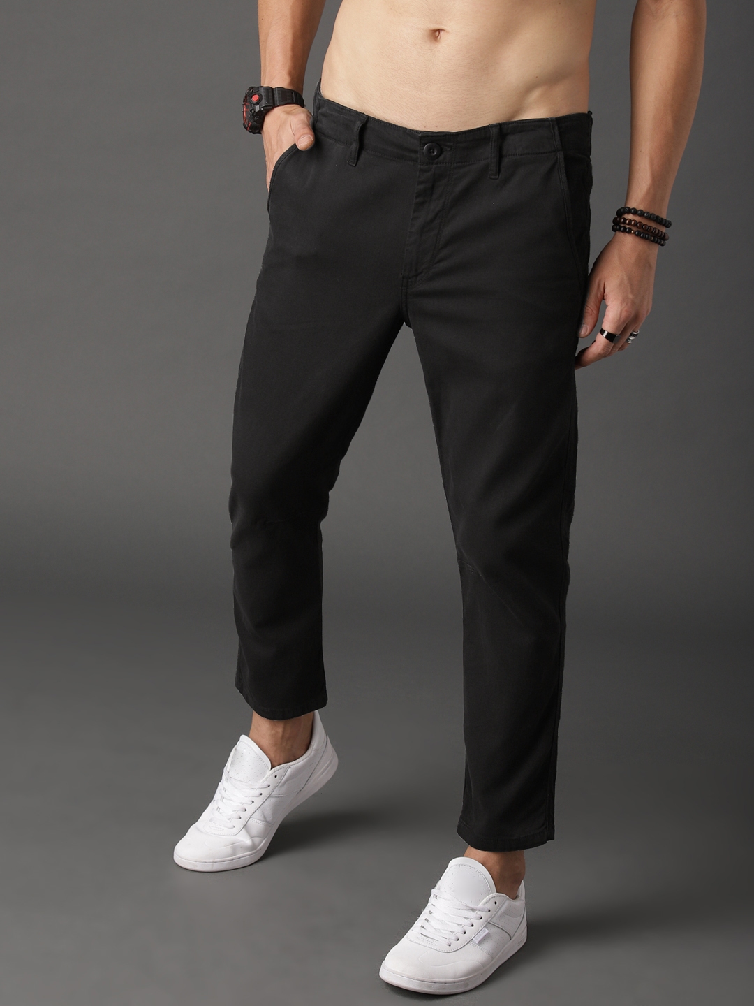 Buy Roadster Men Black Regular Fit Solid Cropped Chinos - Trousers for ...