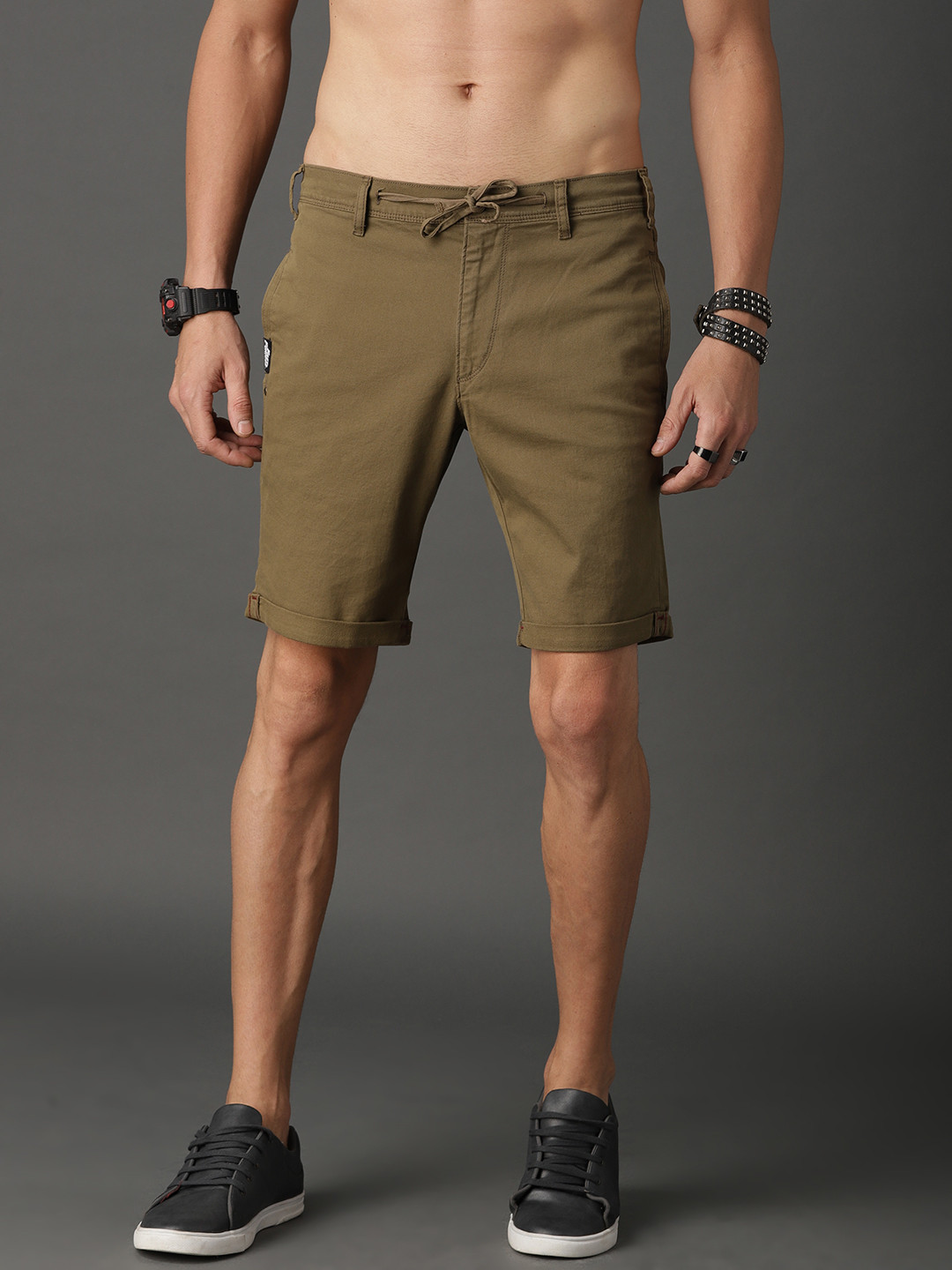 Buy Roadster Men Olive Green Solid Regular Fit Regular Shorts Shorts