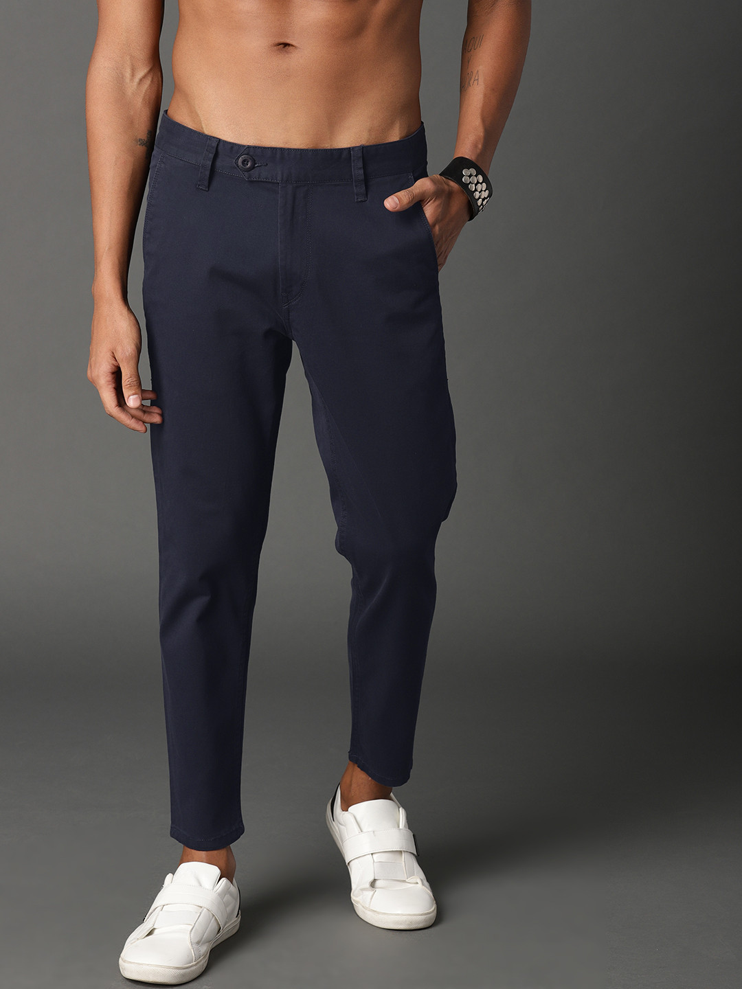 Buy Roadster Men Navy Blue Regular Fit Crop Chinos - Trousers for Men ...