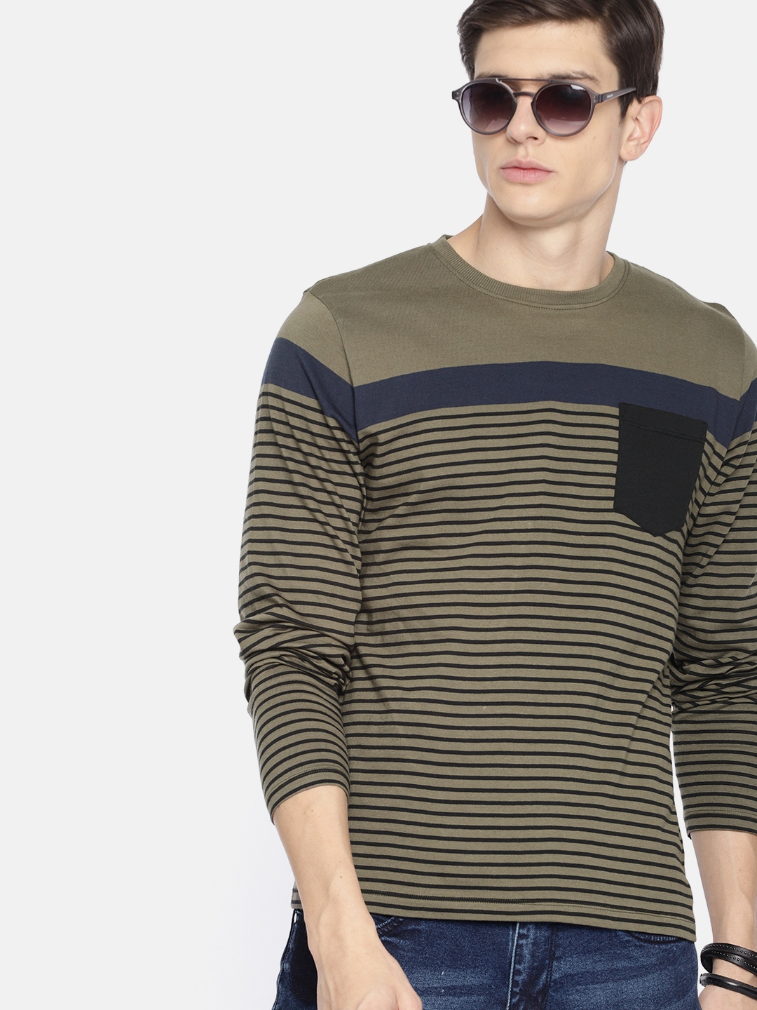 Buy Roadster Men Olive Green Black Striped Round Neck Pure Cotton T Shirt Tshirts For Men