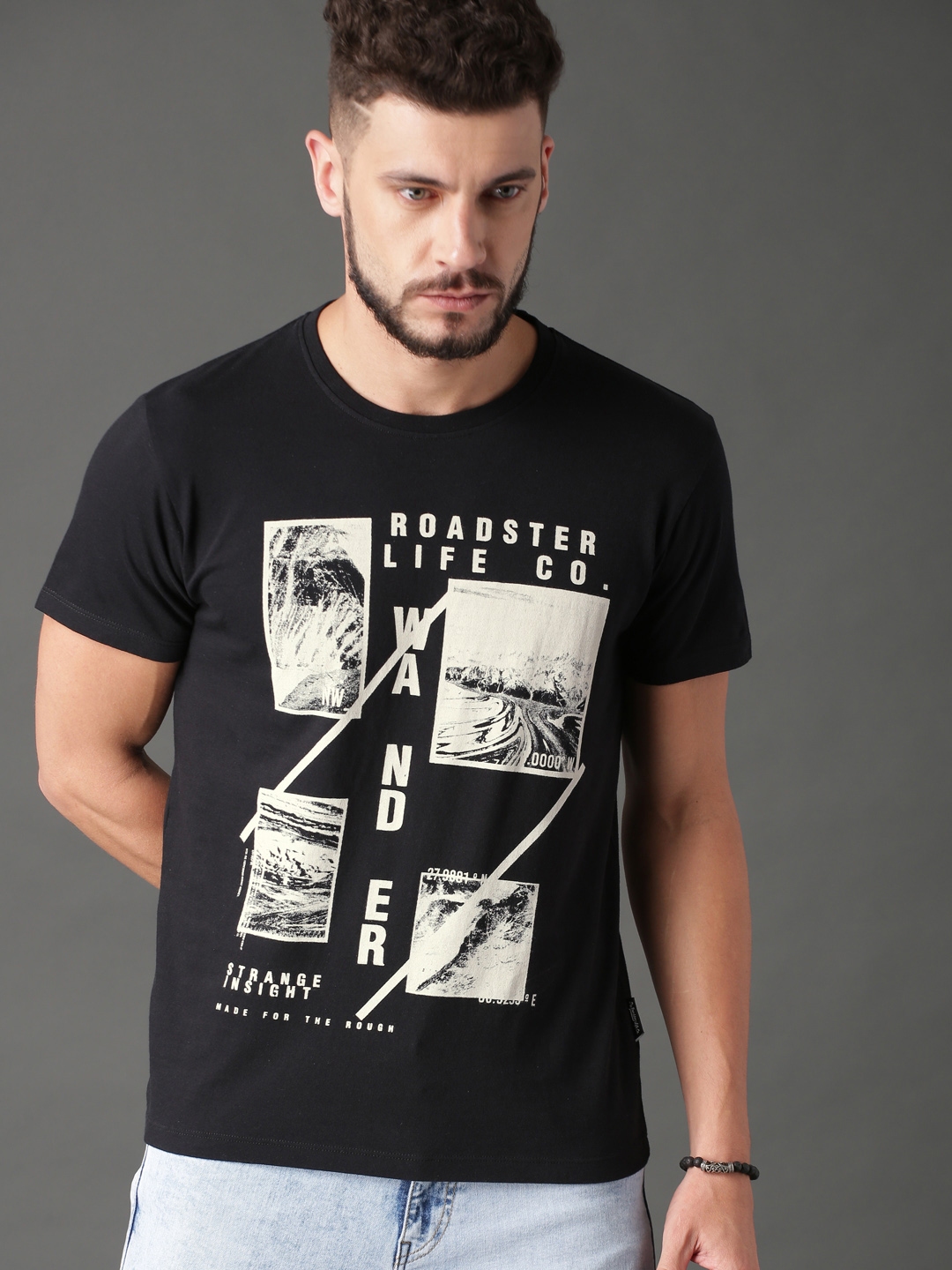 Buy Roadster Men Black Printed Round Neck Pure Cotton T Shirt - Tshirts ...