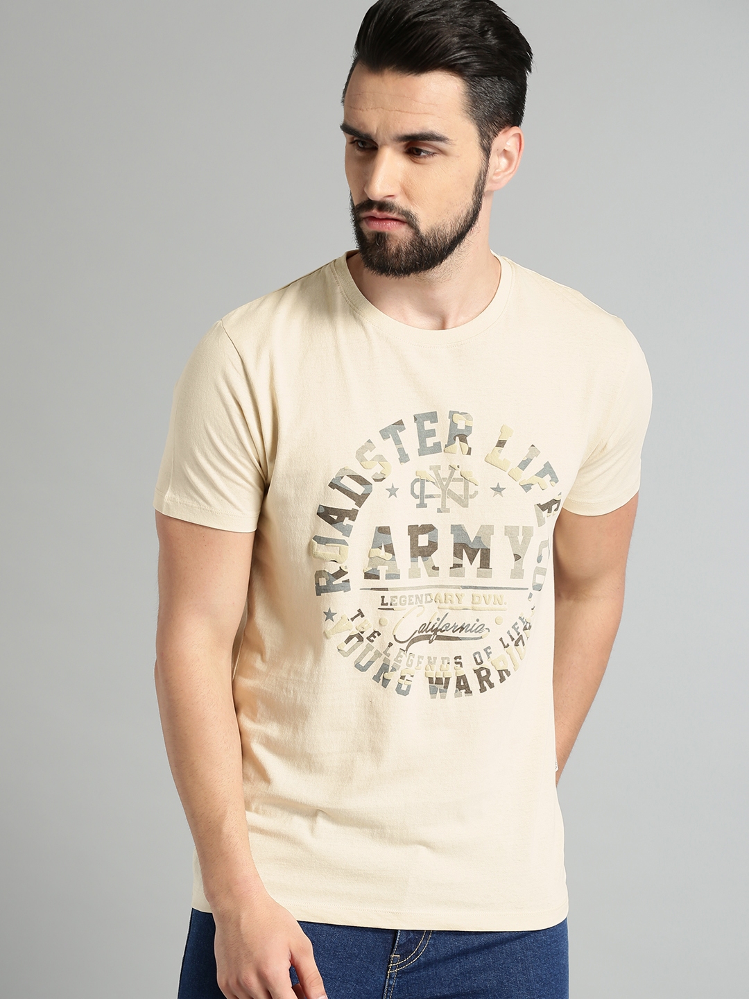 Buy Roadster Men Beige Camo Print Round Neck Pure Cotton T Shirt ...