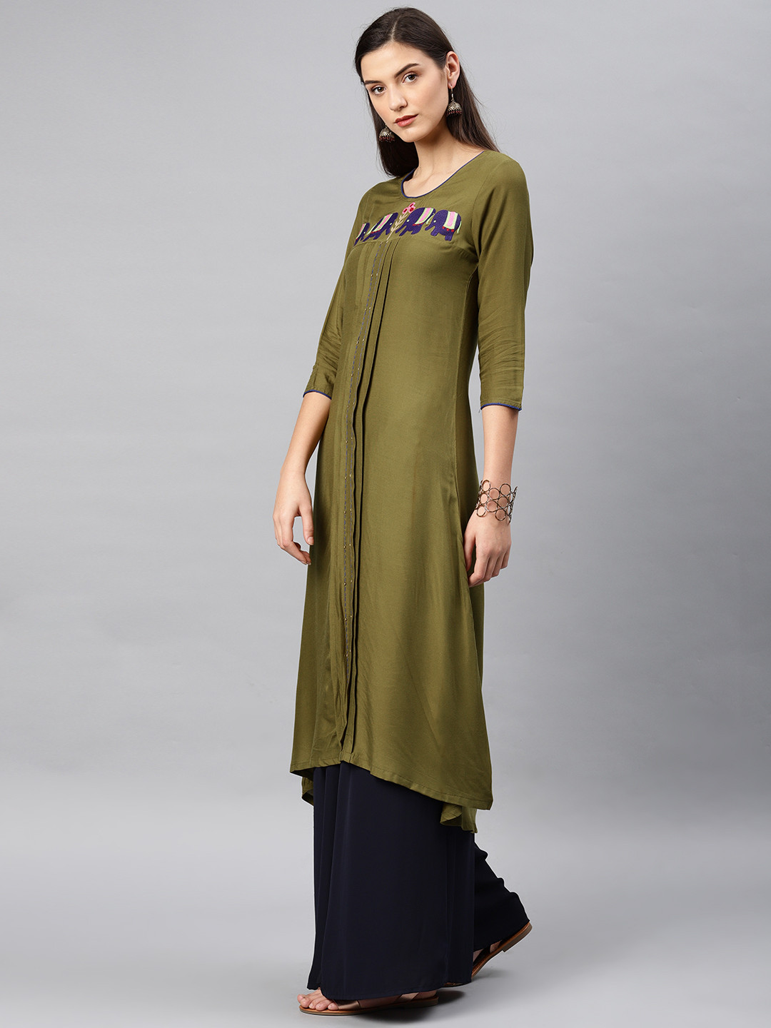 Buy Alena Women Olive Green Embroidered A Line Kurta Kurtas for Women