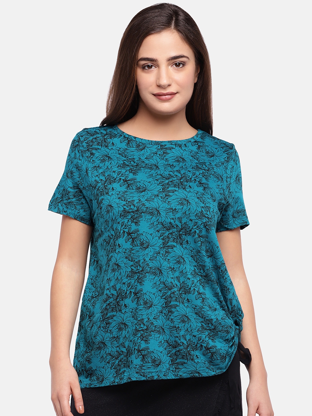 Buy Cottonworld Women Teal Blue Printed Round Neck T Shirt - Tshirts ...