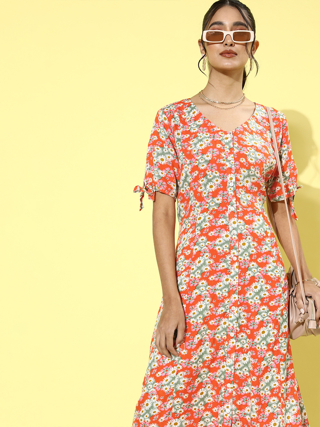 Buy DressBerry Women Bright Orange Romantic Florals Dress Dresses for