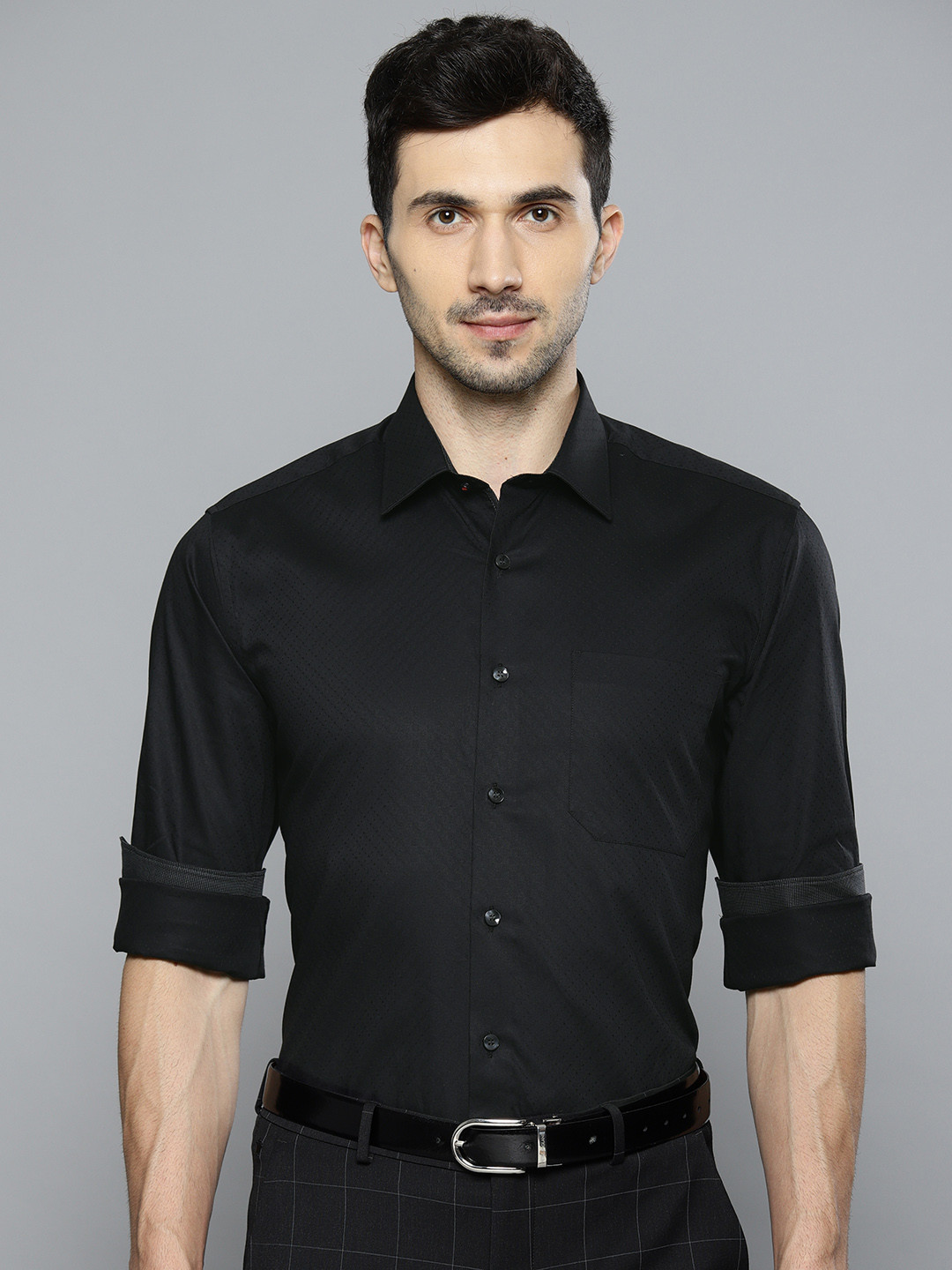 Buy Louis Philippe Men Black Self Design Slim Fit Formal ...
