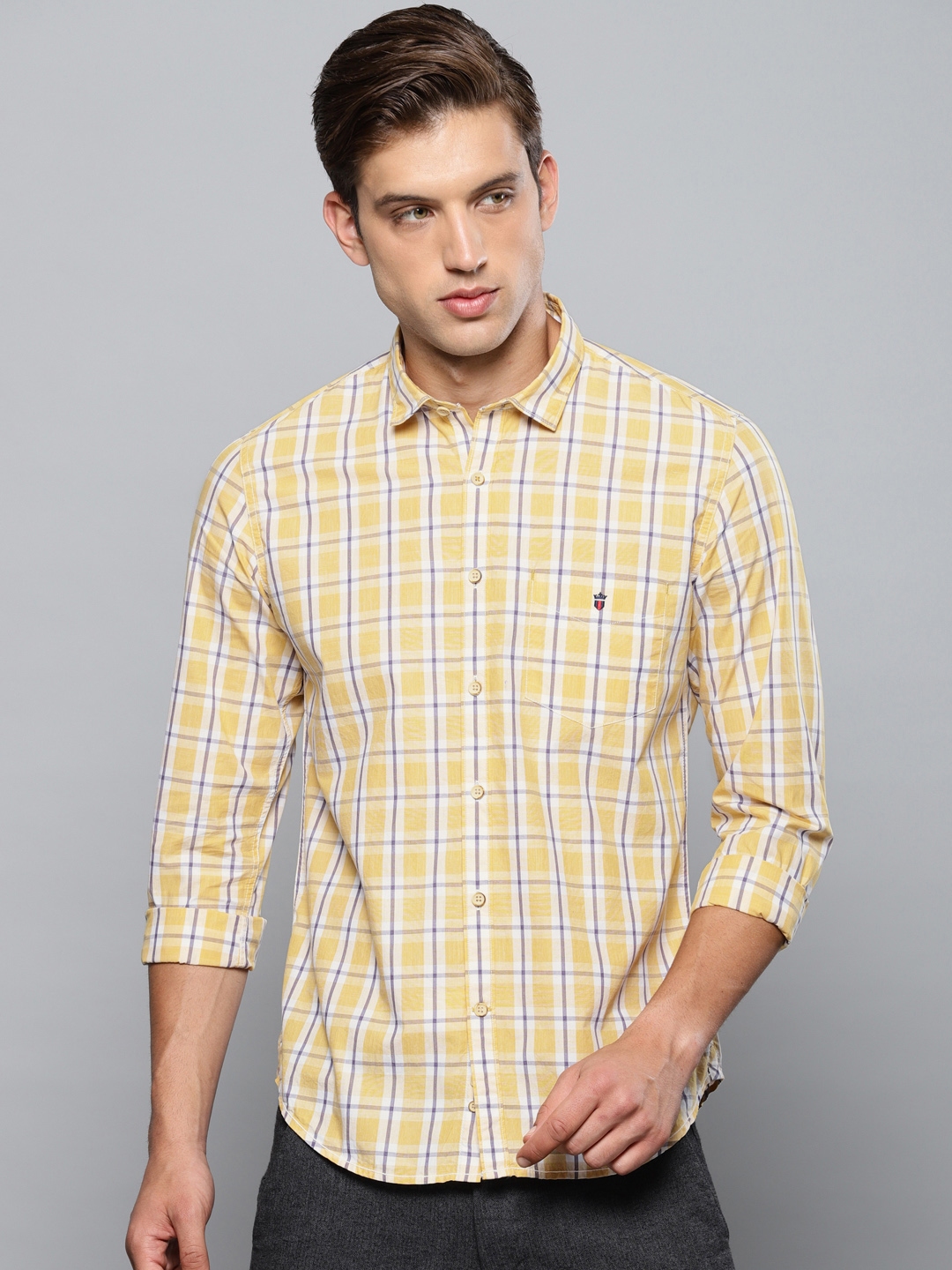 Buy Louis Philippe Sport Men Yellow & White Super Slim Fit Checked ...