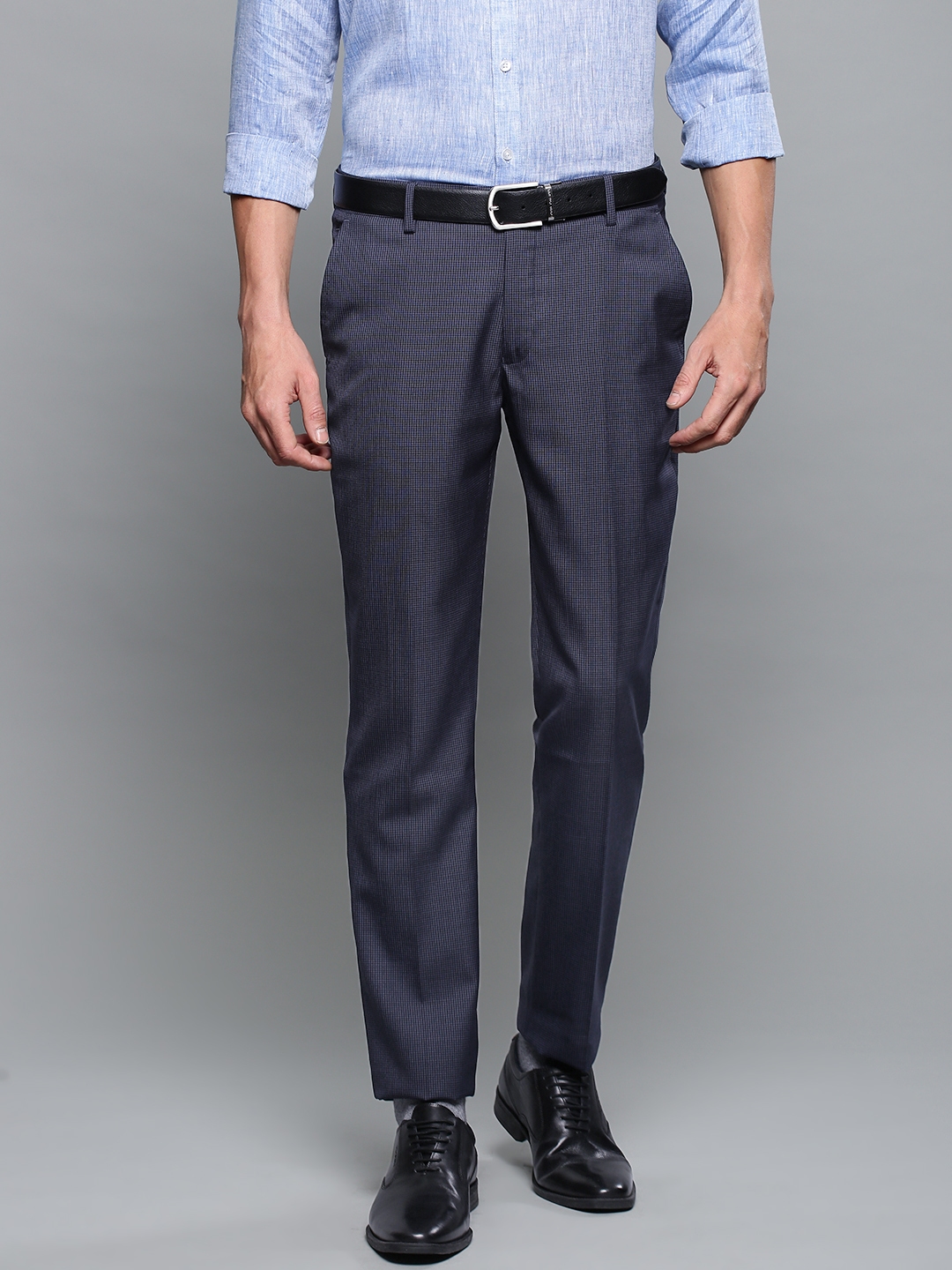 Buy Louis Philippe Men Navy Blue Slim Fit Checked Formal Trousers ...