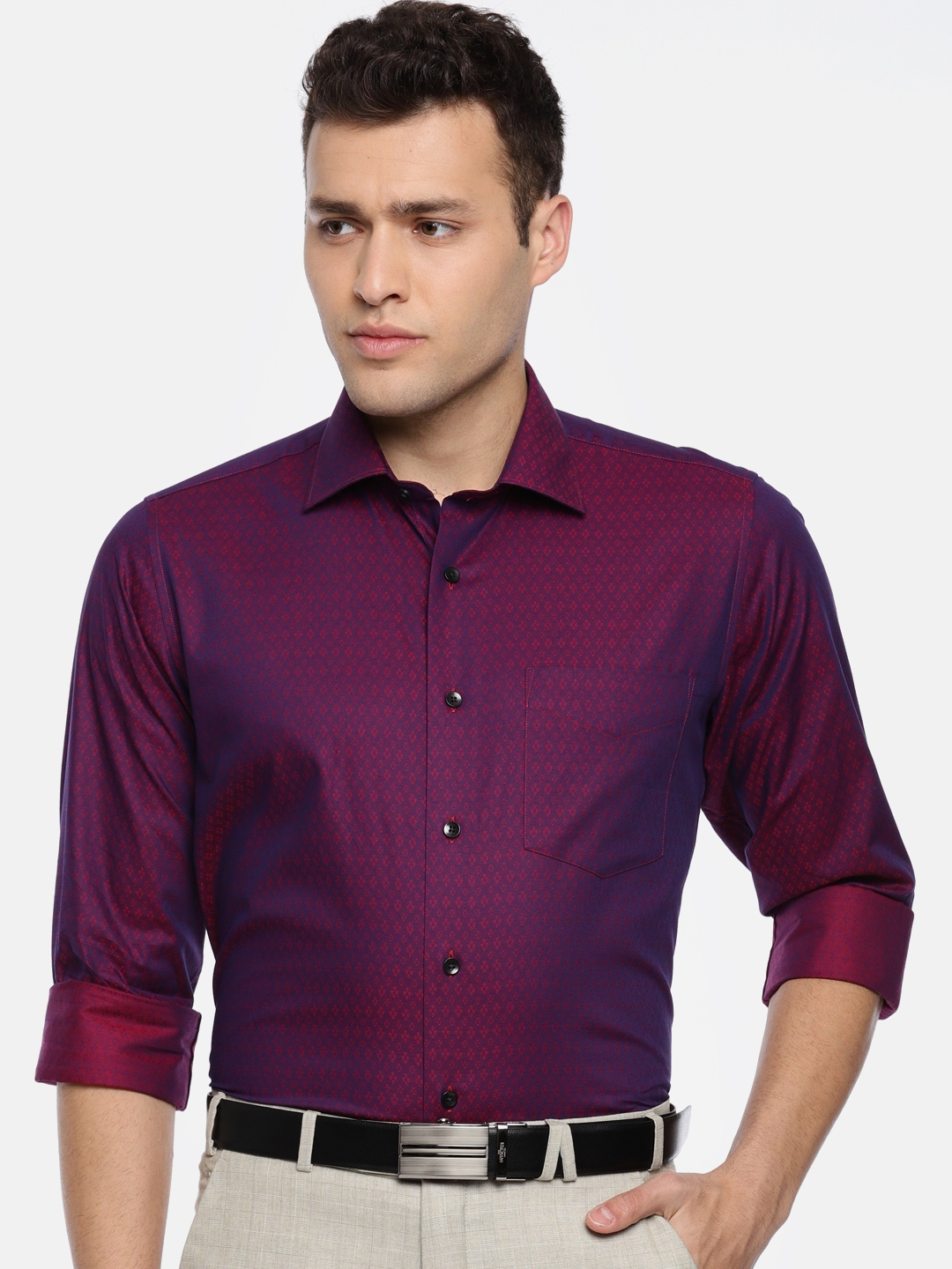 Buy Van Heusen Men Burgundy Custom Regular Fit Self Design Formal Shirt ...