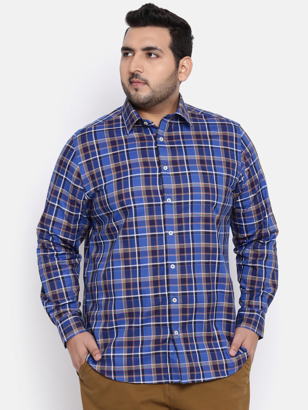 Buy ALL Plus Size Men Blue Brown Regular Fit Checked Casual Shirt