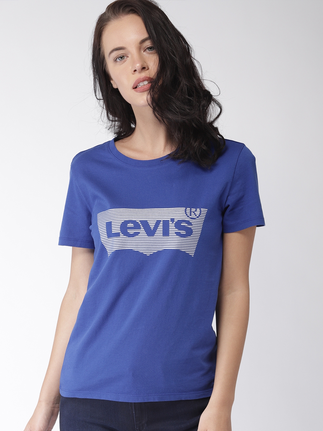 Buy Levis Women Blue Printed Slim Fit Round Neck Pure Cotton T Shirt ...