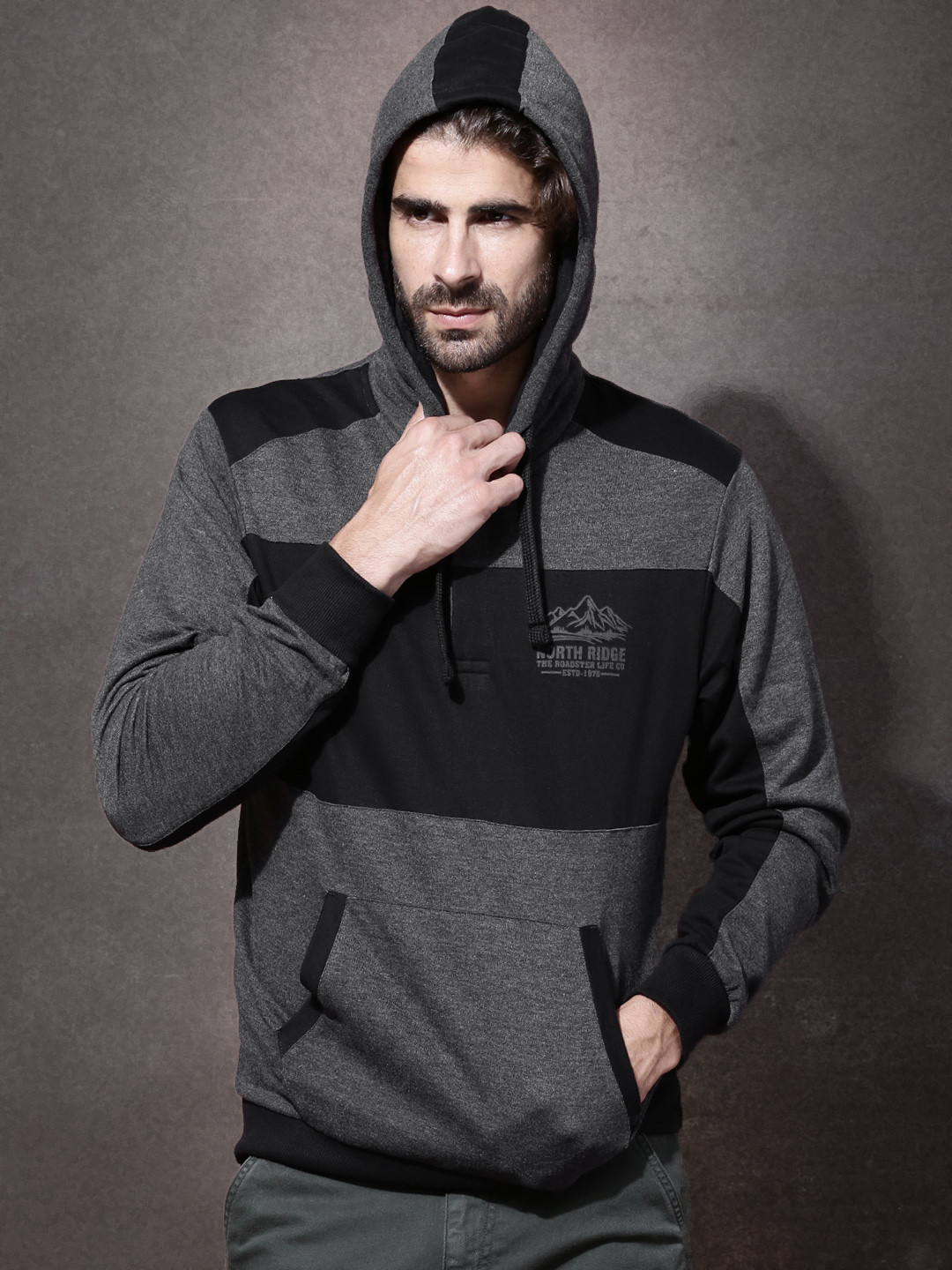 Buy Roadster Black & Charcoal Grey Hooded Sweatshirt Sweatshirts for Men 832743 Myntra