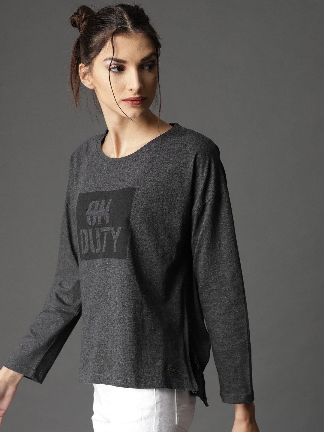 Buy Roadster Women Charcoal Grey Graphic Top With Side Zipper Tops