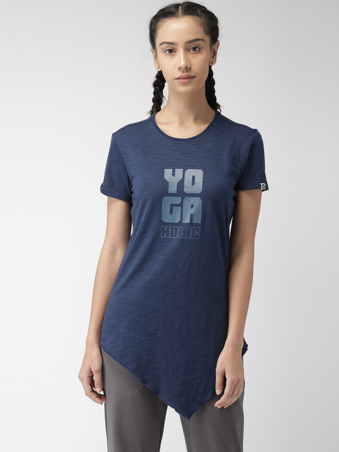 Buy 2GO Women Navy Blue Printed Round Neck Slim Fit Longline Yoga T