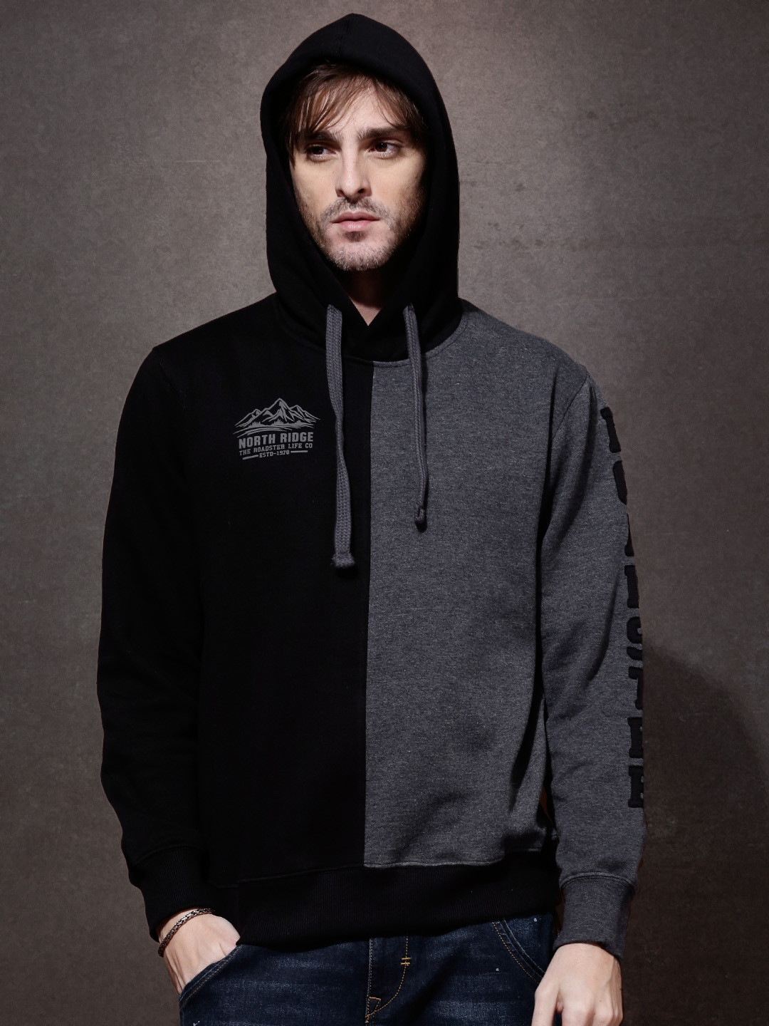 Buy Roadster Grey & Black Hooded Sweatshirt Sweatshirts for Men