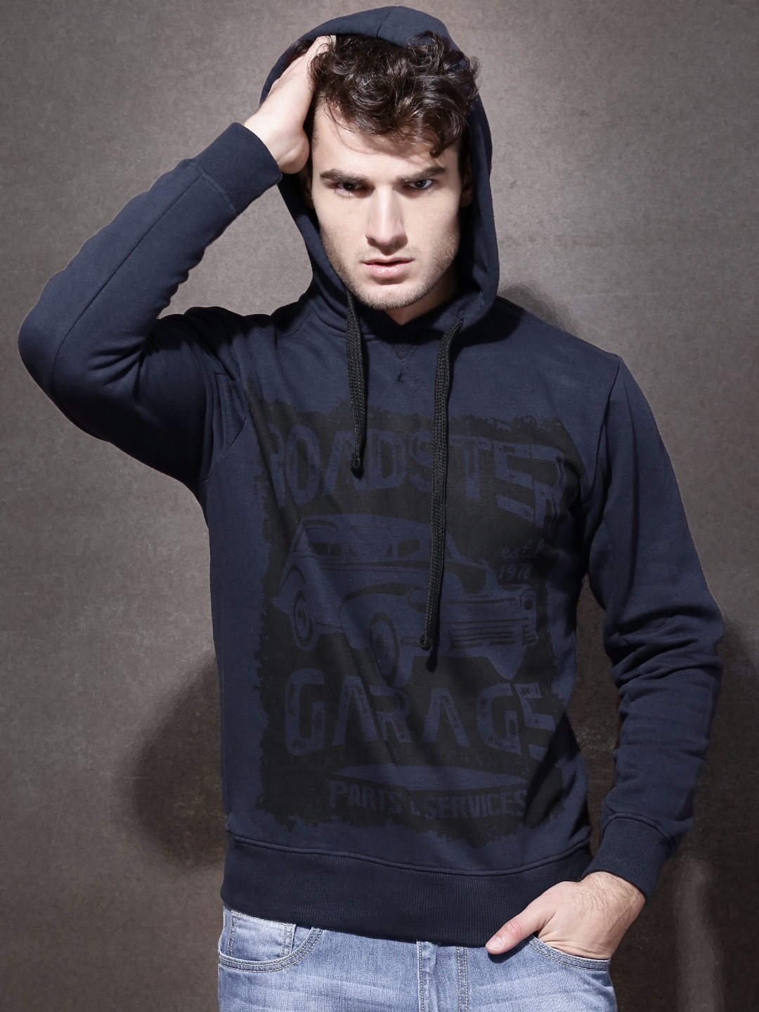 Buy Roadster Navy Printed Hooded Sweatshirt - Sweatshirts for Men ...